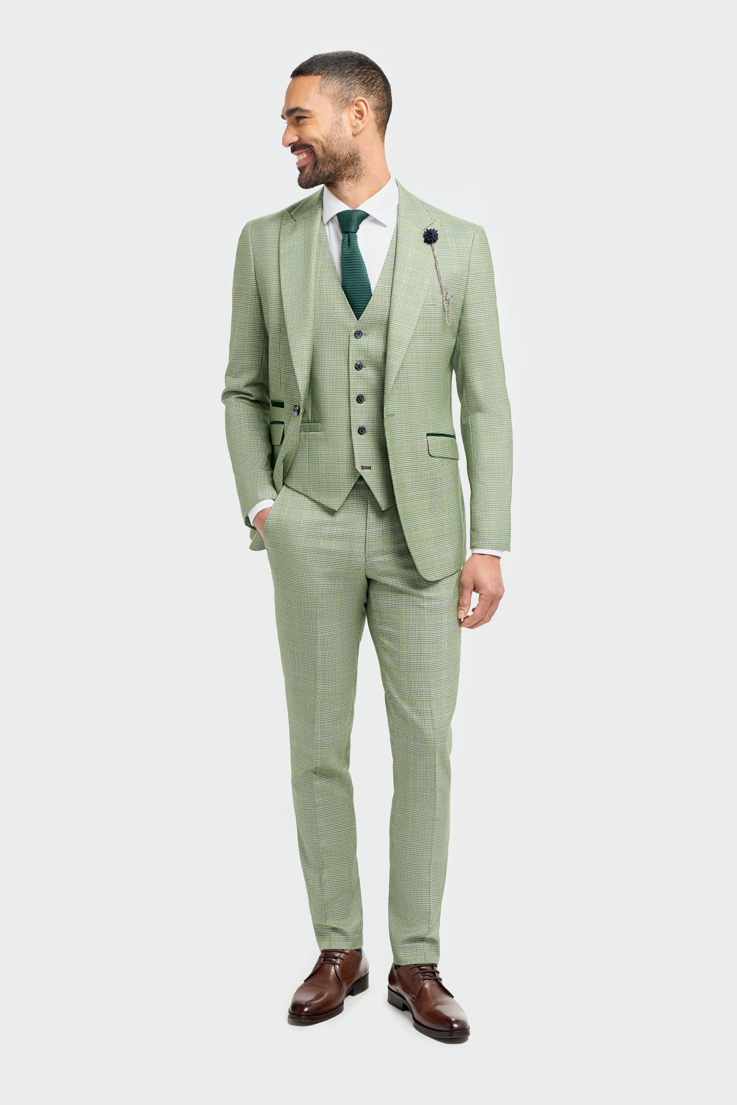 Caridi - Traje de tres piezas a cuadros verde salvia para hombre