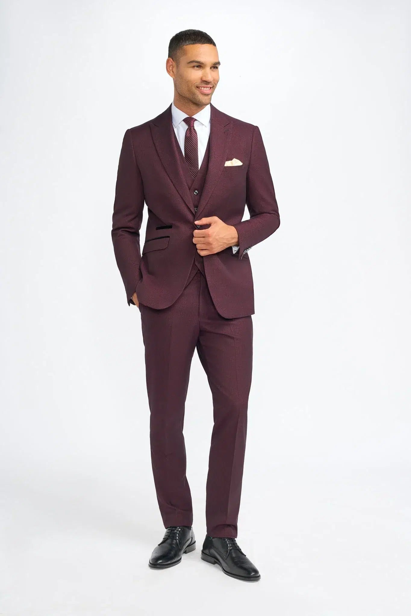 Caridi - Traje de tres piezas a cuadros color burdeos para hombre