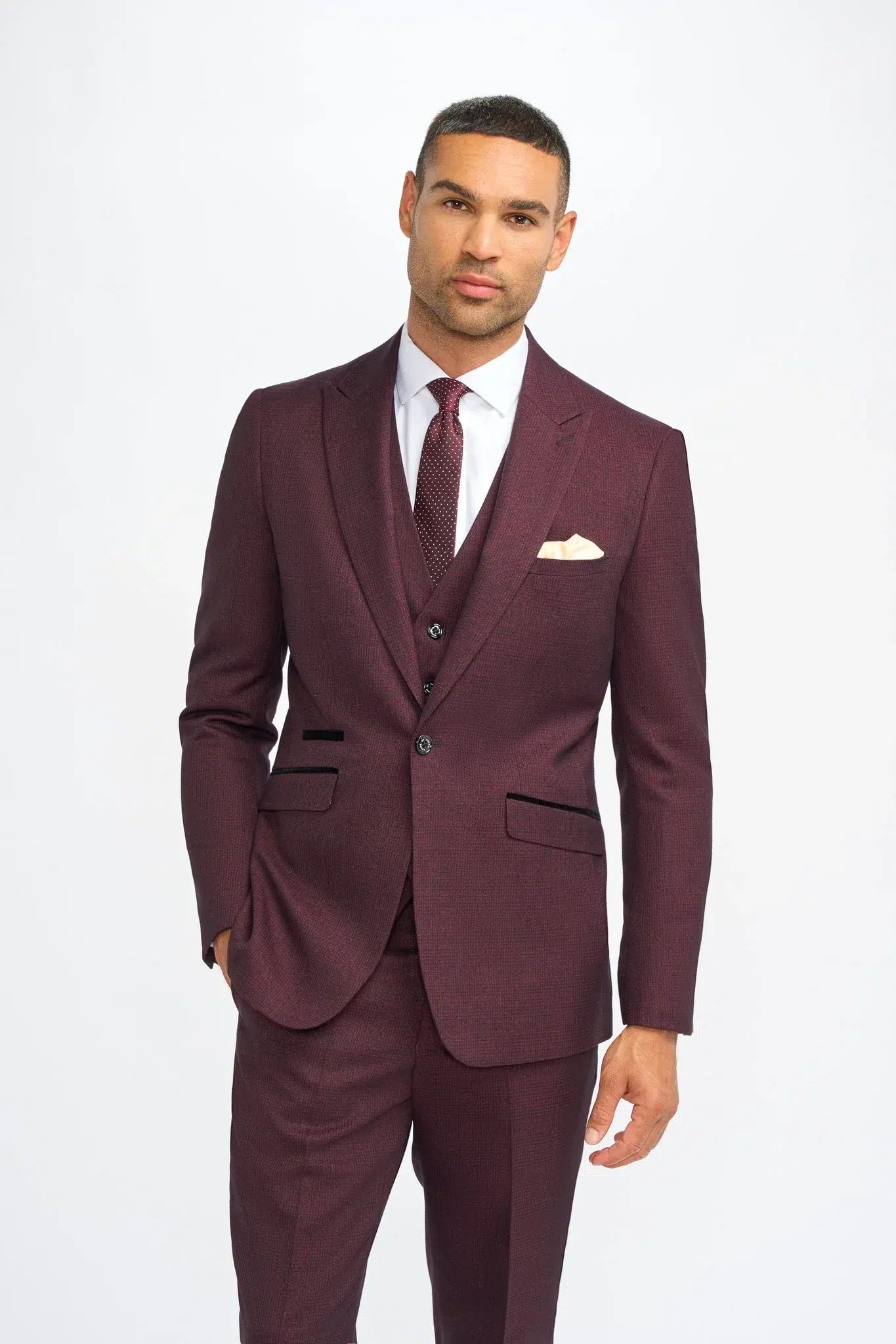Caridi - Traje de tres piezas a cuadros color burdeos para hombre