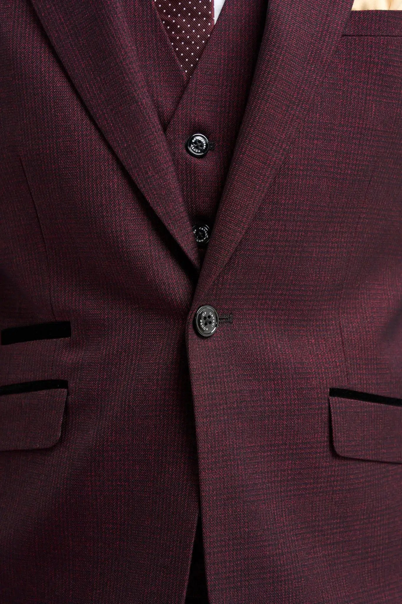 Caridi - Traje de tres piezas a cuadros color burdeos para hombre