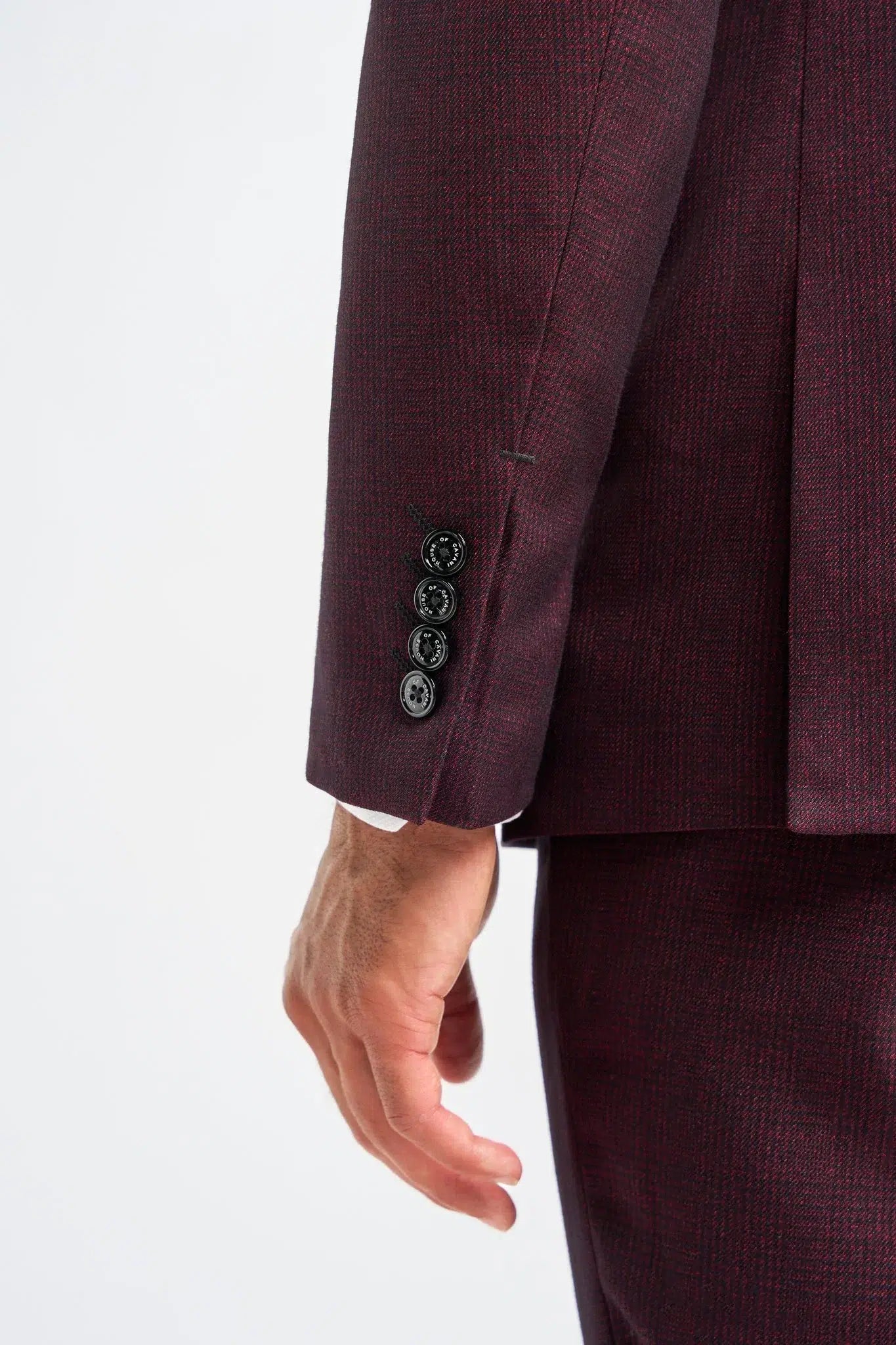 Caridi - Traje de tres piezas a cuadros color burdeos para hombre
