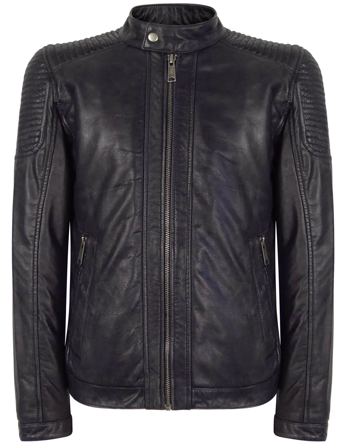 Chaqueta de motorista azul marino de cuero auténtico para hombre