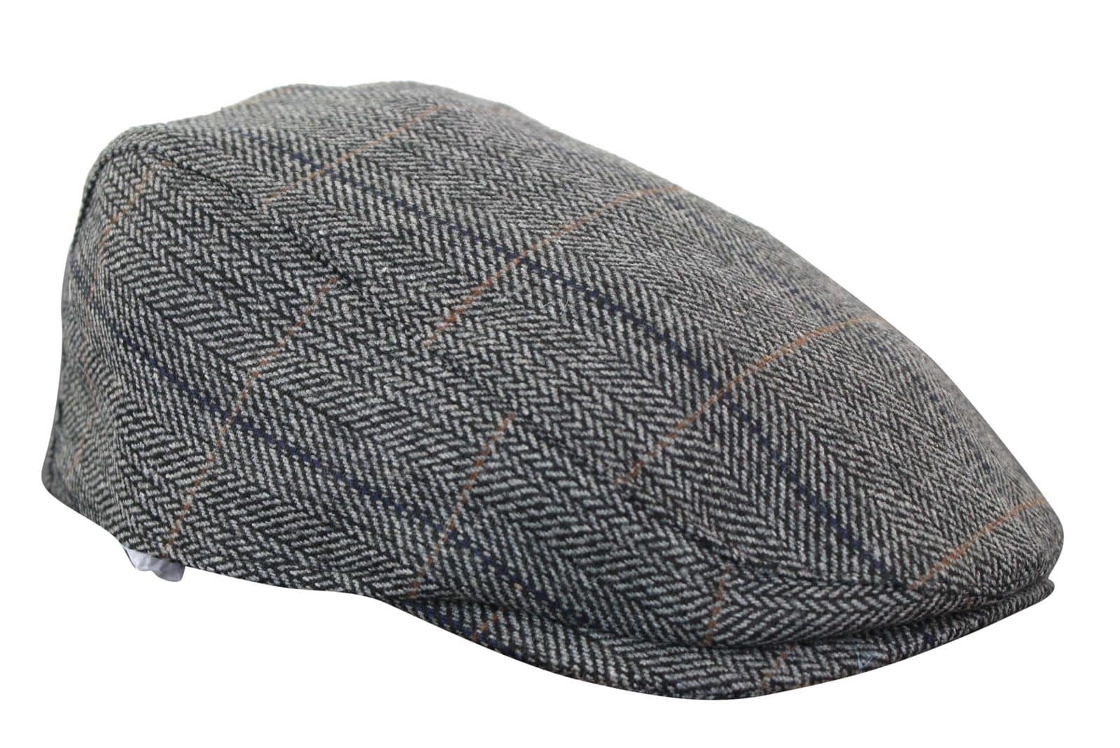 Gorra plana de tweed para hombre Cavani Albert - Gorra plana estilo abuelo vintage de lana tweed con estampado de espiga - Marrón claro/Gris carbón