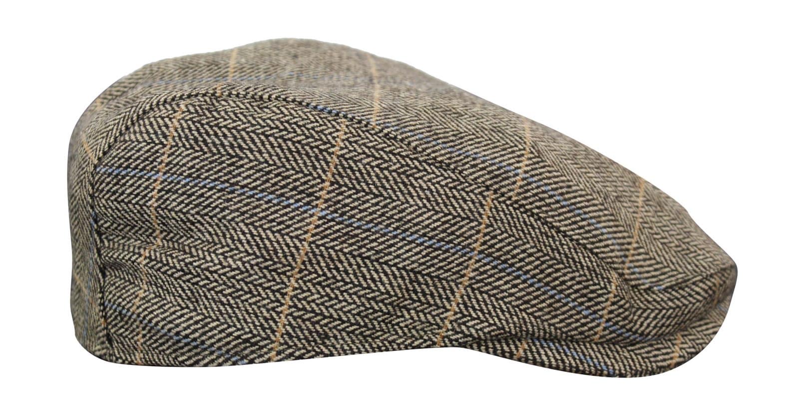 Gorra plana de tweed para hombre Cavani Albert - Gorra plana estilo abuelo vintage de lana tweed con estampado de espiga - Marrón claro/Gris carbón