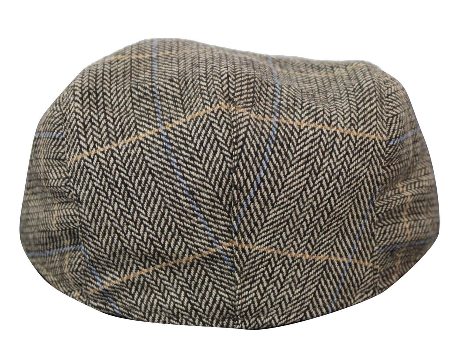Gorra plana de tweed para hombre Cavani Albert - Gorra plana estilo abuelo vintage de lana tweed con estampado de espiga - Marrón claro/Gris carbón