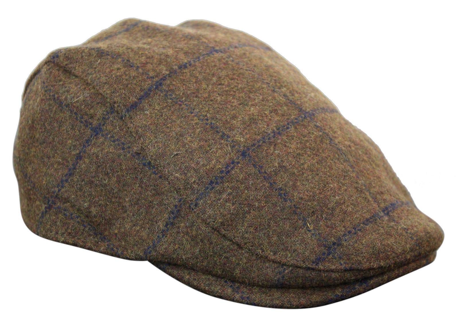 Gorra plana Cavani Kempson - Gorro de hombre de lana tweed a cuadros estilo abuelo vintage - Verde oliva/Azul marino