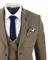Cavani Ascari - Traje de tres piezas para hombre de tweed marrón roble a cuadros