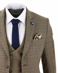 Cavani Ascari - Traje de tres piezas para hombre de tweed marrón roble a cuadros
