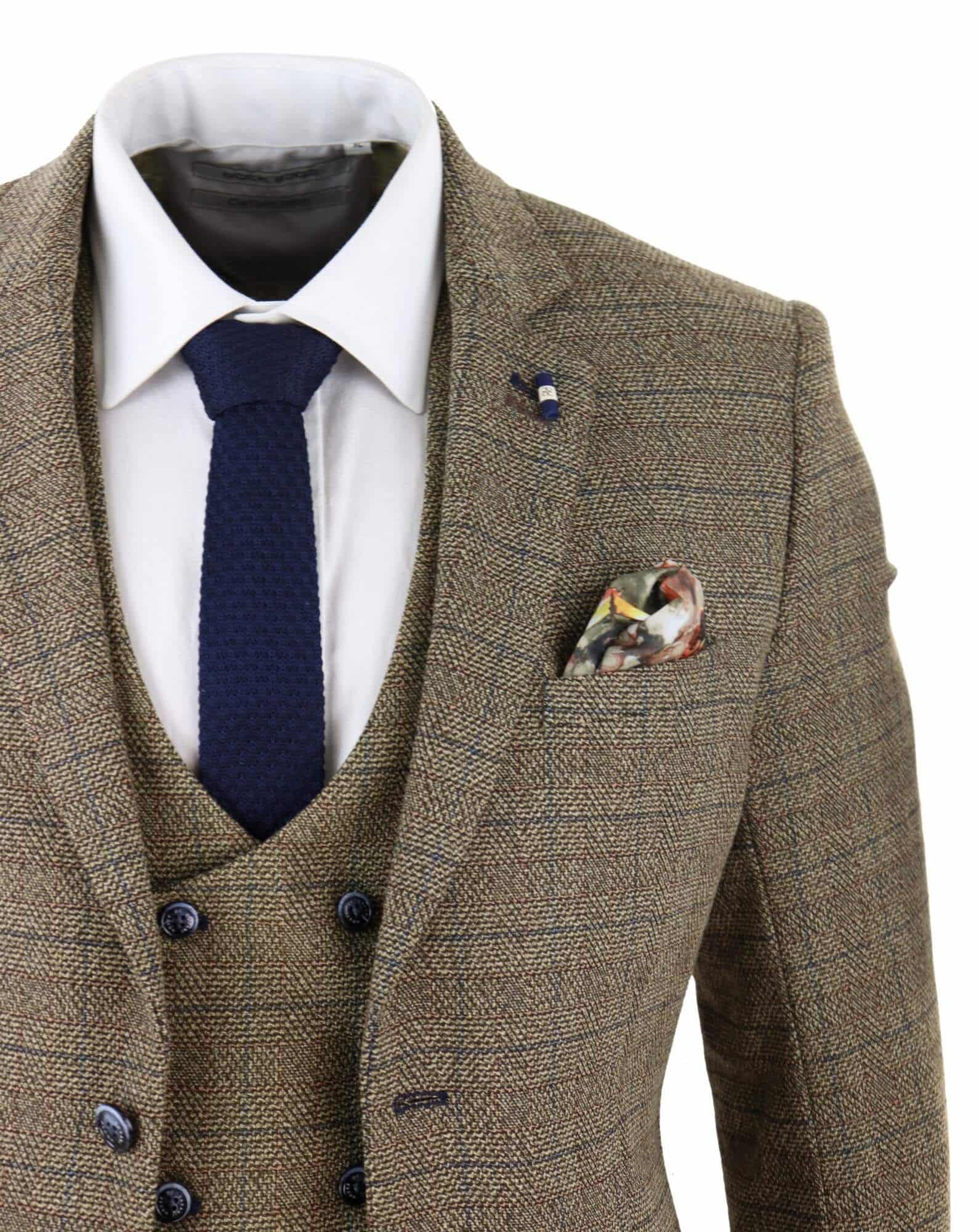 Cavani Ascari - Traje de tres piezas para hombre de tweed marrón roble a cuadros