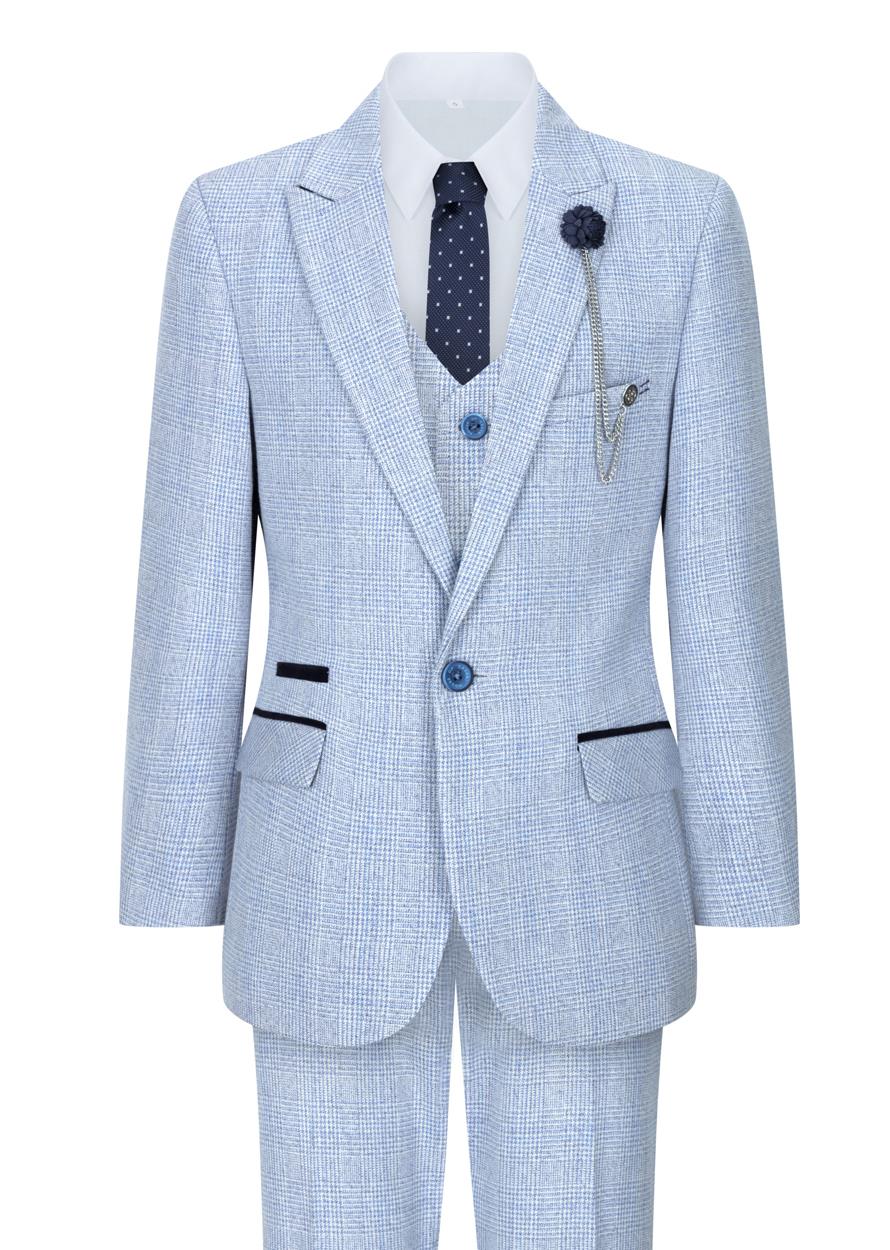 Traje de tres piezas a cuadros para niño, tweed azul claro, corte entallado, estilo clásico de boda Peaky Blinders.