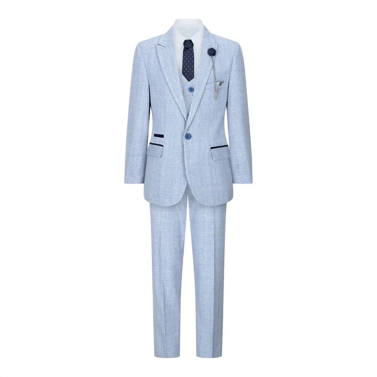 Traje de tres piezas a cuadros para niño, tweed azul claro, corte entallado, estilo clásico de boda Peaky Blinders.