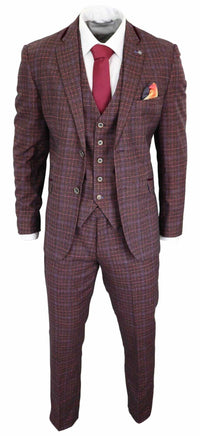 Cavani Carly - Traje de hombre de 3 piezas de tweed a cuadros color burdeos