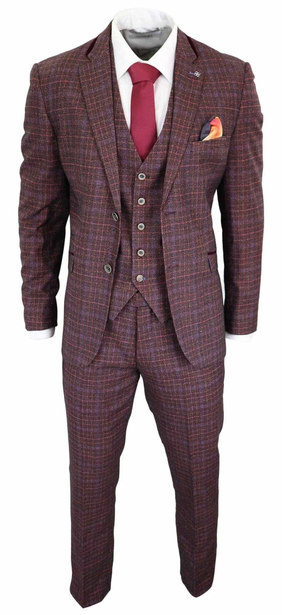Cavani Carly - Traje de hombre de 3 piezas de tweed a cuadros color burdeos