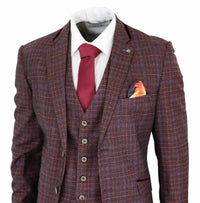 Cavani Carly - Traje de hombre de 3 piezas de tweed a cuadros color burdeos
