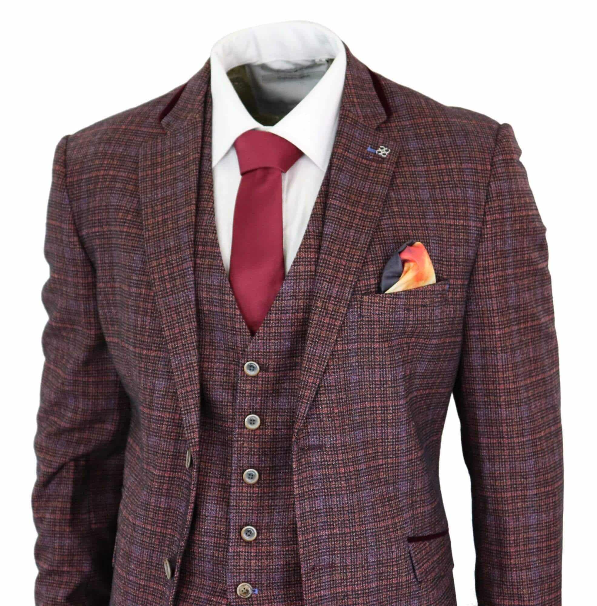 Cavani Carly - Traje de hombre de 3 piezas de tweed a cuadros color burdeos