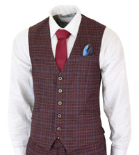 Cavani Carly - Traje de hombre de 3 piezas de tweed a cuadros color burdeos