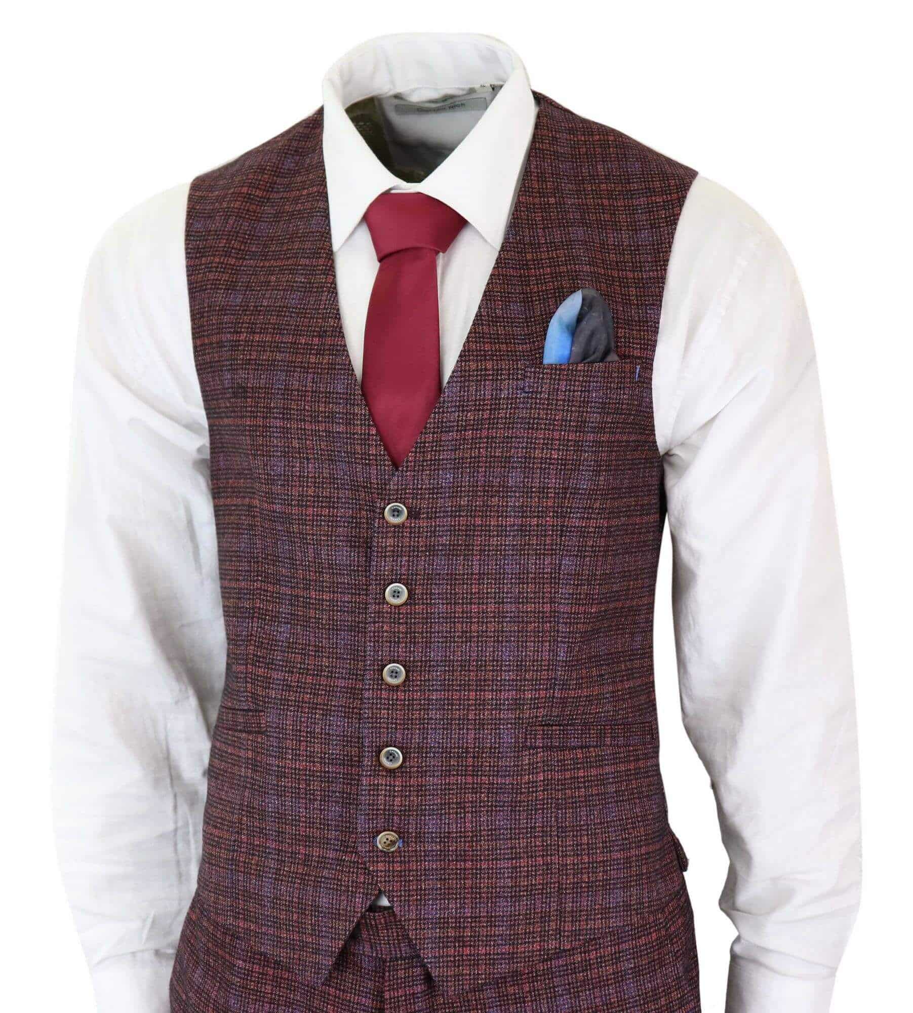 Cavani Carly - Traje de hombre de 3 piezas de tweed a cuadros color burdeos