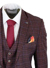 Cavani Carly - Traje de hombre de 3 piezas de tweed a cuadros color burdeos