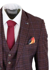 Cavani Carly - Traje de hombre de 3 piezas de tweed a cuadros color burdeos