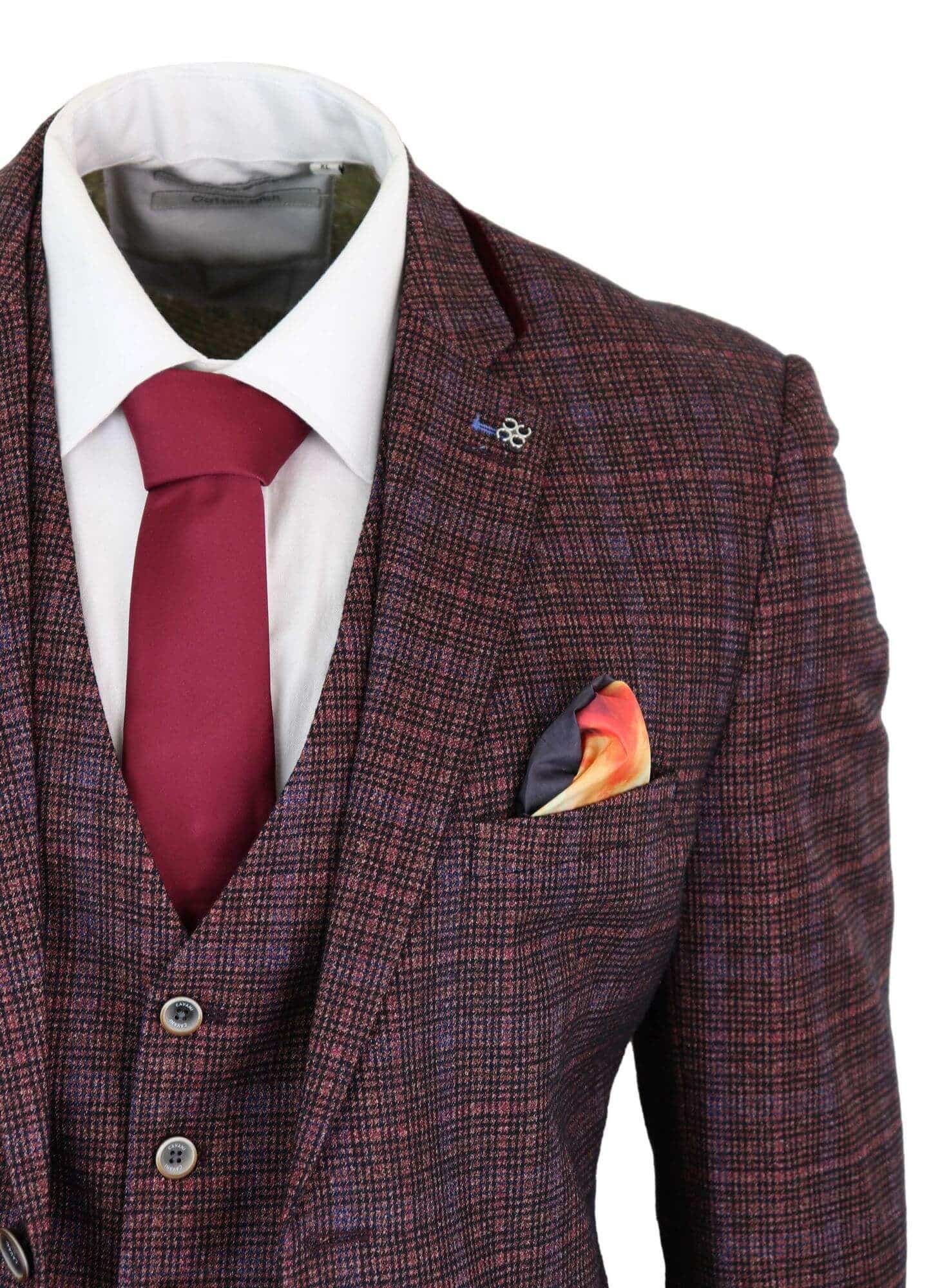 Cavani Carly - Traje de hombre de 3 piezas de tweed a cuadros color burdeos