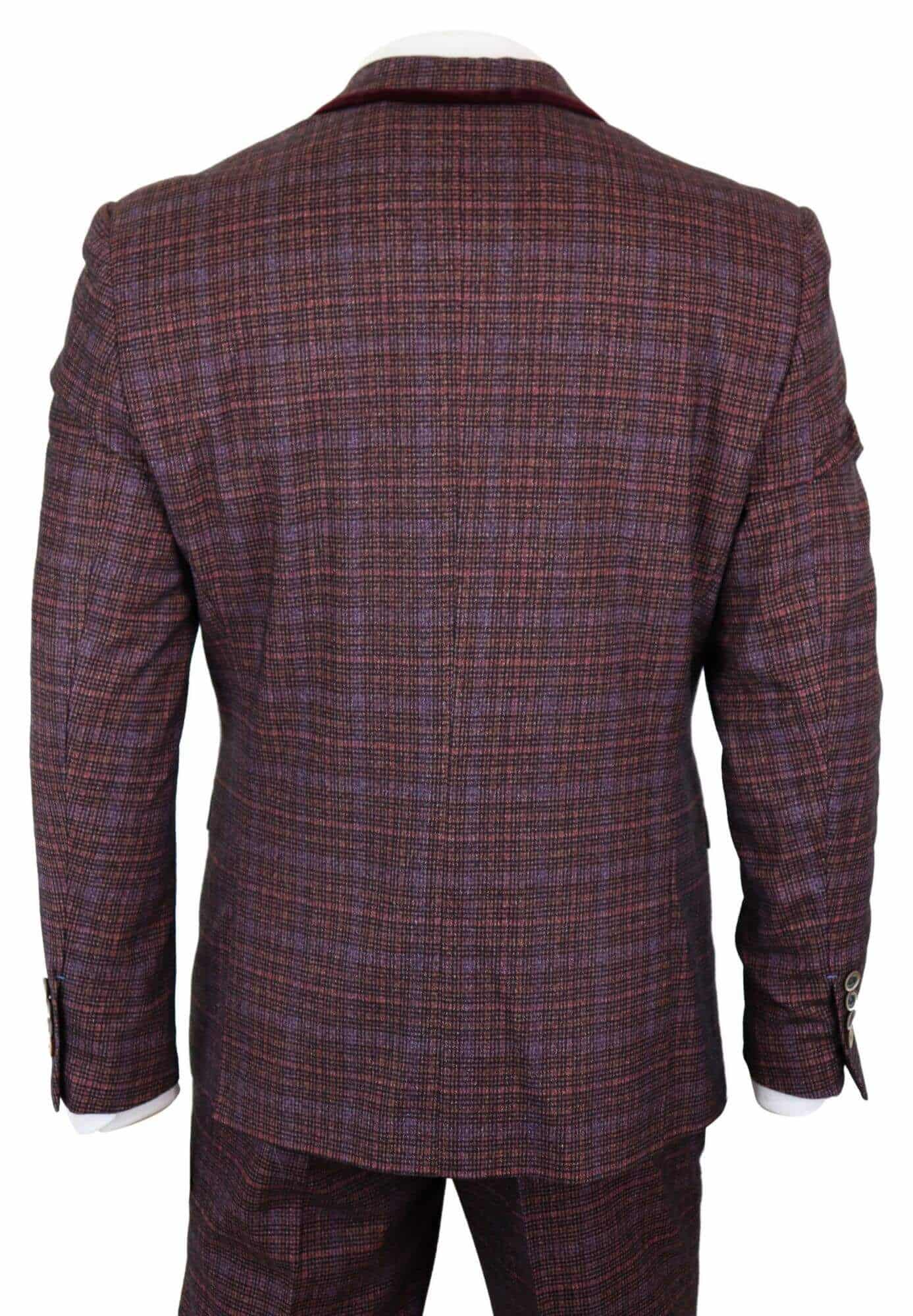 Cavani Carly - Traje de hombre de 3 piezas de tweed a cuadros color burdeos