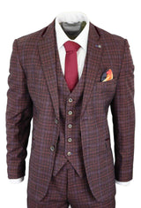 Cavani Carly - Traje de hombre de 3 piezas de tweed a cuadros color burdeos