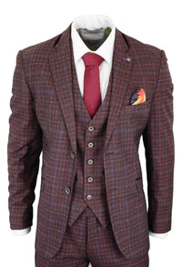 Cavani Carly - Traje de hombre de 3 piezas de tweed a cuadros color burdeos