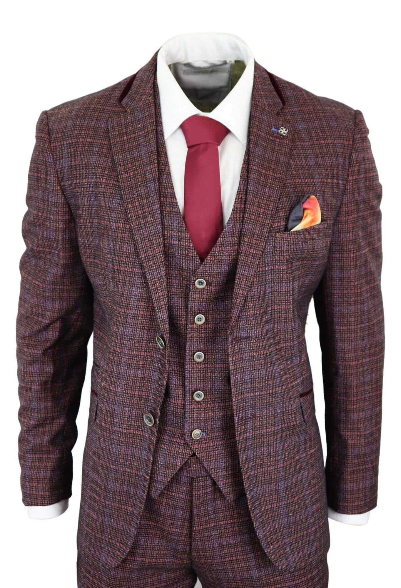 Cavani Carly - Traje de hombre de 3 piezas de tweed a cuadros color burdeos