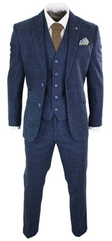 Cavani Carnegi - Traje vintage de 3 piezas para hombre, azul marino, tweed a cuadros, estilo años 20