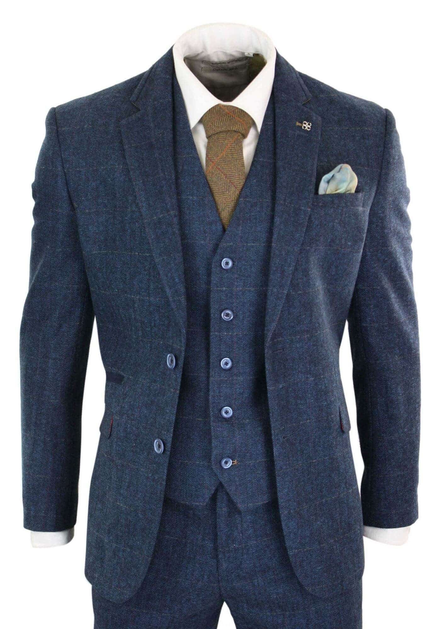 Cavani Carnegi - Traje vintage de 3 piezas para hombre, azul marino, tweed a cuadros, estilo años 20