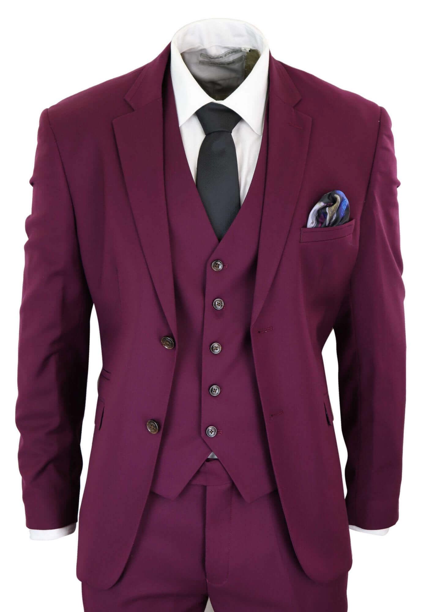Cavani Magnus - Traje clásico de tres piezas color burdeos para hombre