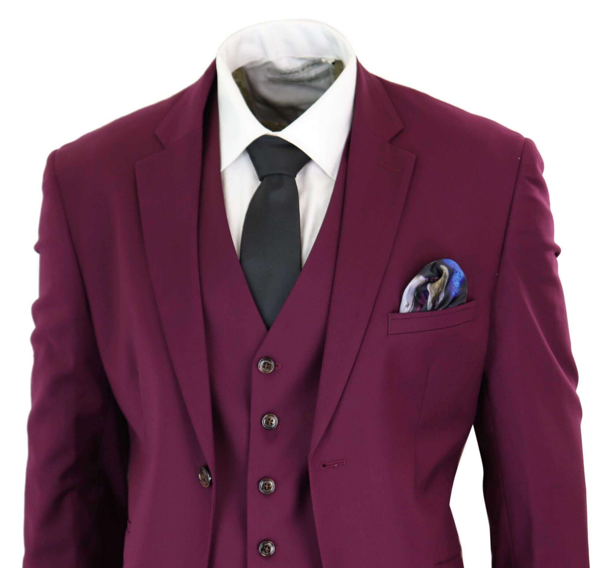 Cavani Magnus - Traje clásico de tres piezas color burdeos para hombre