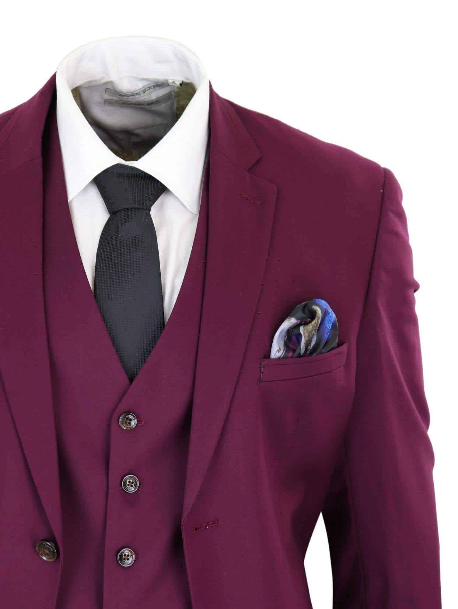 Cavani Magnus - Traje clásico de tres piezas color burdeos para hombre
