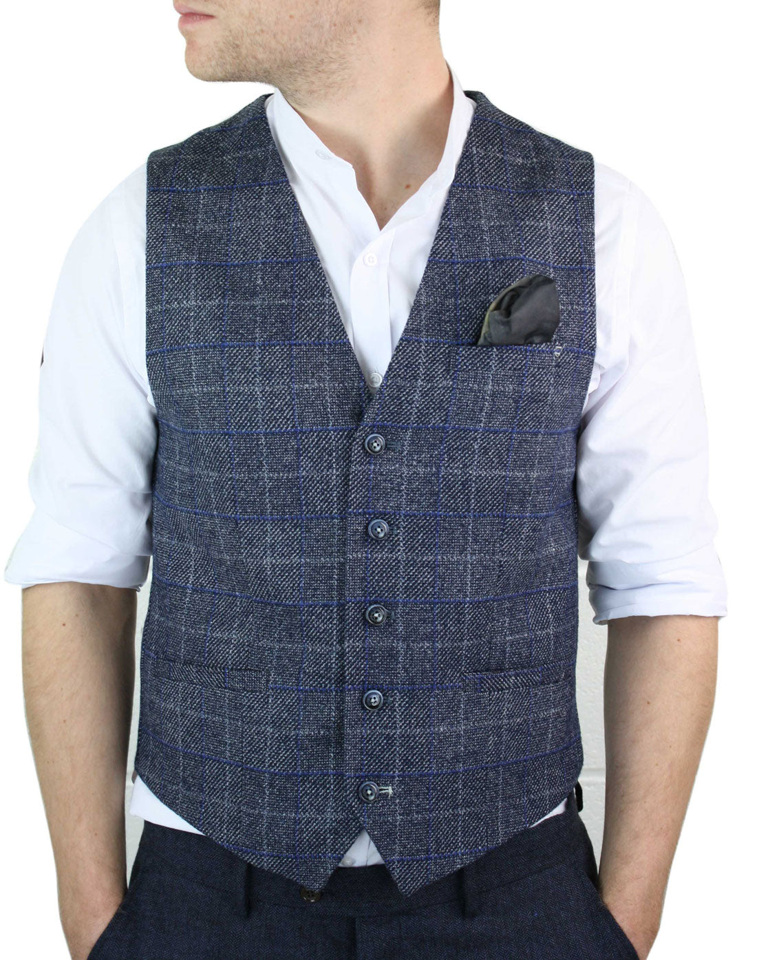 Cavani Miles - Chaleco de tweed azul a cuadros para hombre