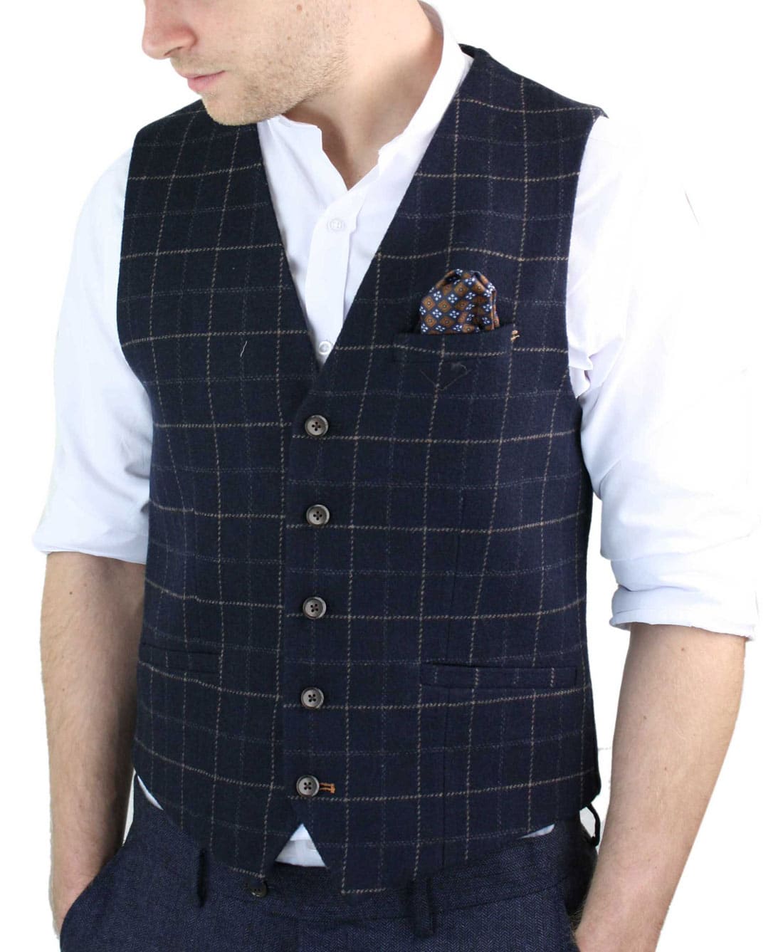 Cavani Shelby - Chaleco de tweed a cuadros azul marino para hombre