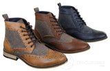 Cavani Sherlock - Botines de hombre de piel y tweed con estampado de espiga.