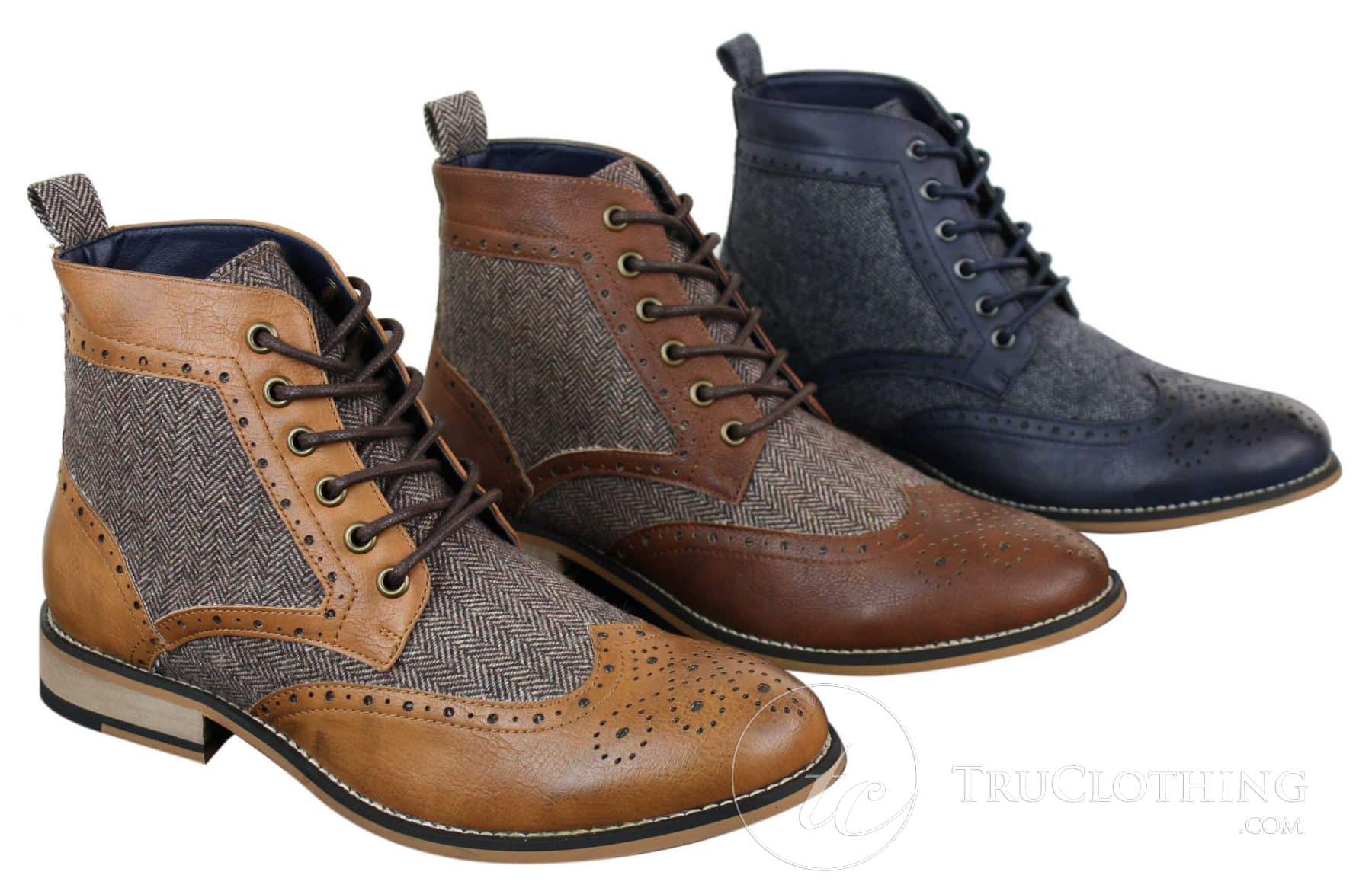 Cavani Sherlock - Botines de hombre de piel y tweed con estampado de espiga.