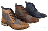 Cavani Sherlock - Botines de hombre de piel y tweed con estampado de espiga.
