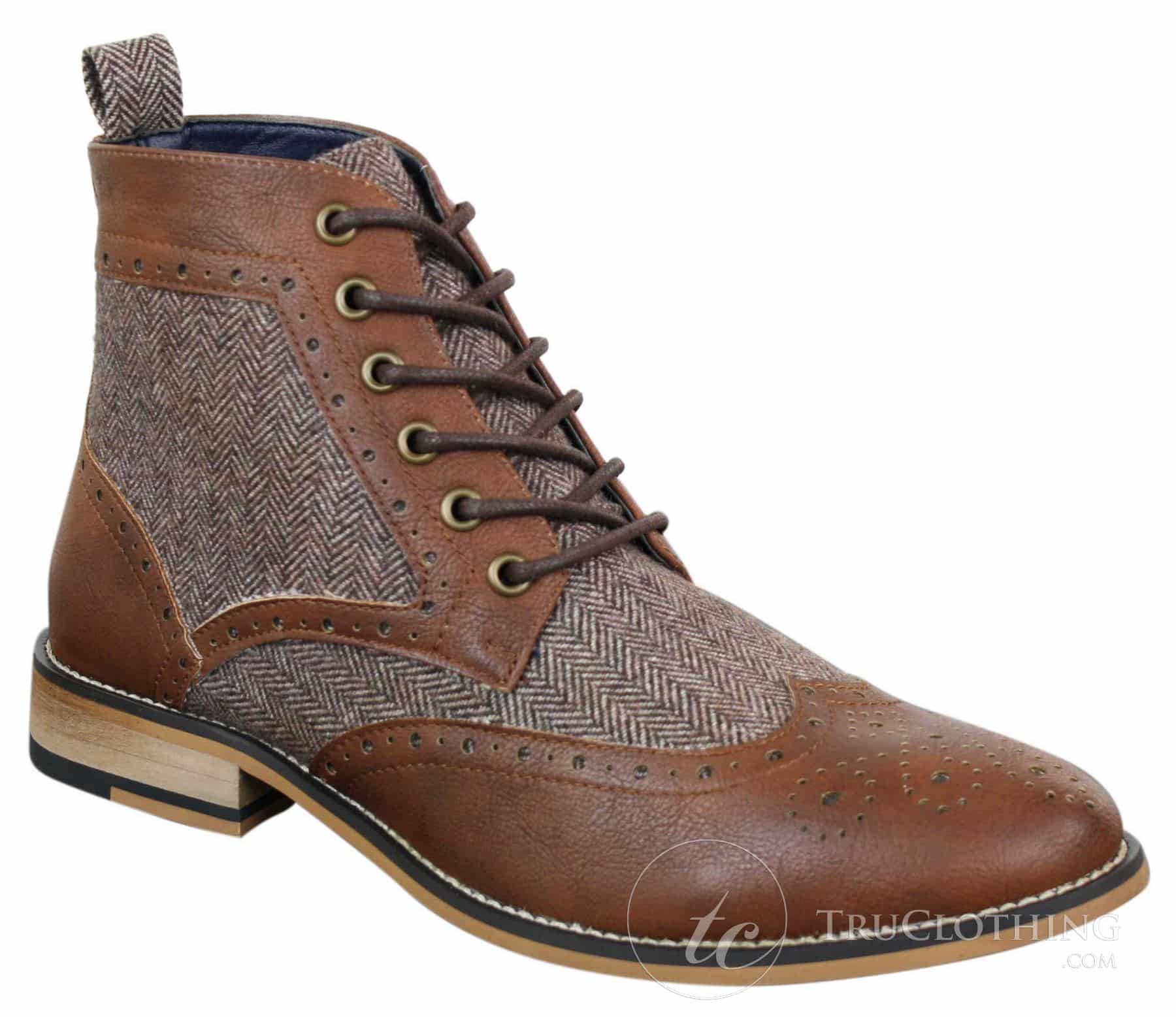 Cavani Sherlock - Botines de hombre de piel y tweed con estampado de espiga.