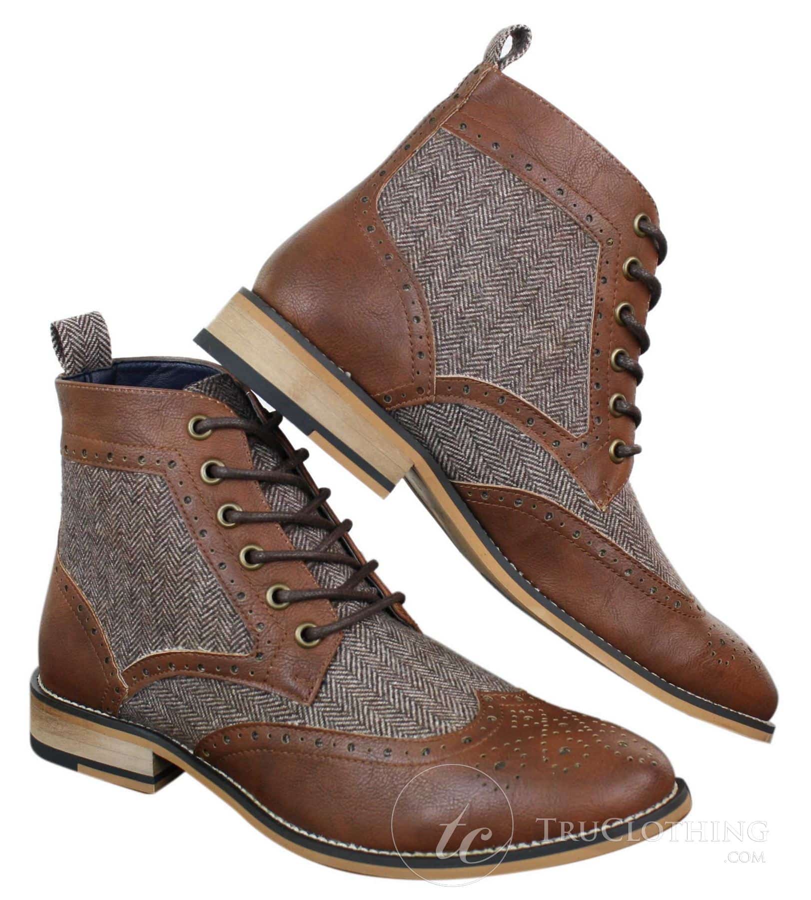 Cavani Sherlock - Botines de hombre de piel y tweed con estampado de espiga.