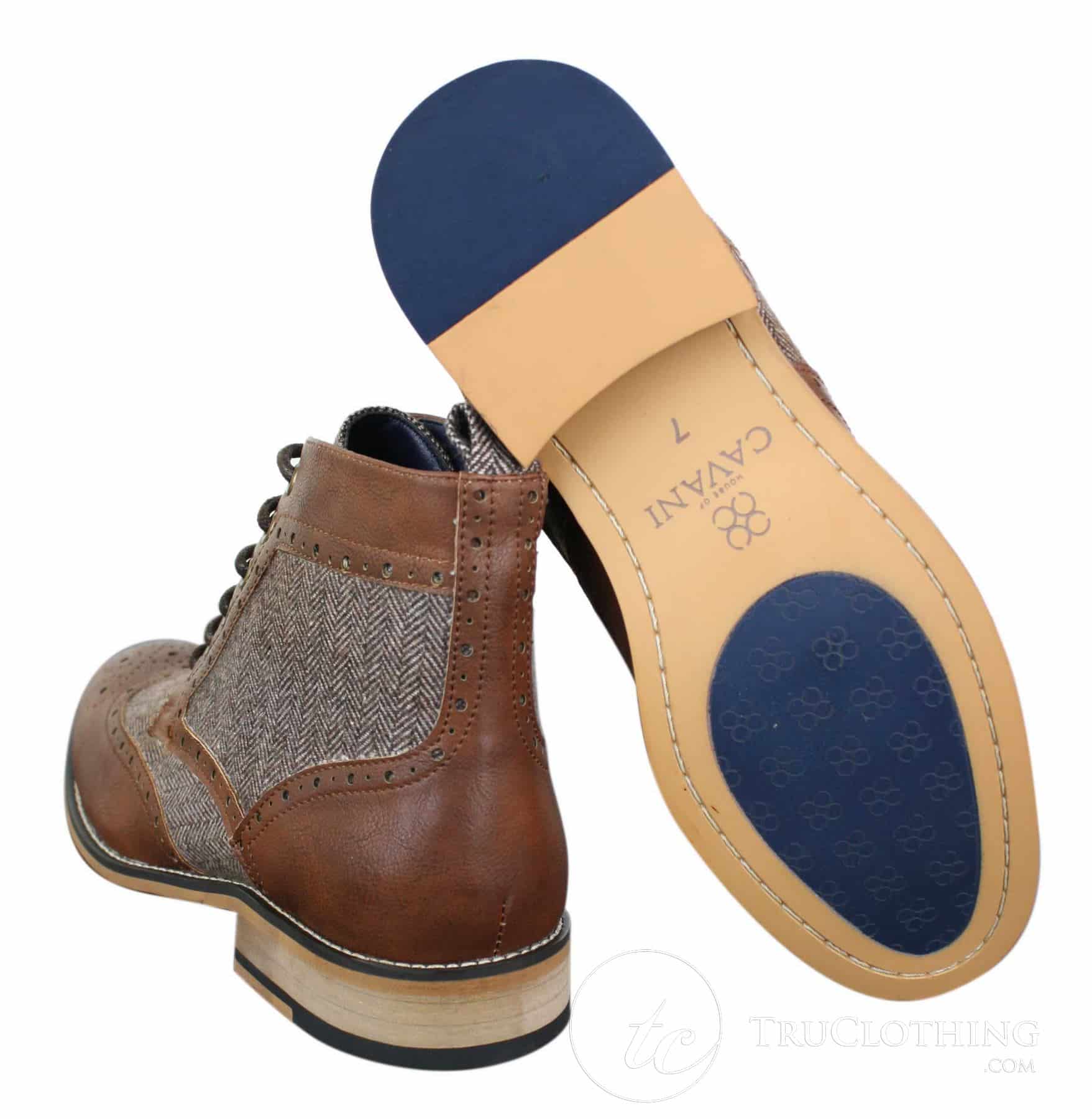 Cavani Sherlock - Botines de hombre de piel y tweed con estampado de espiga.