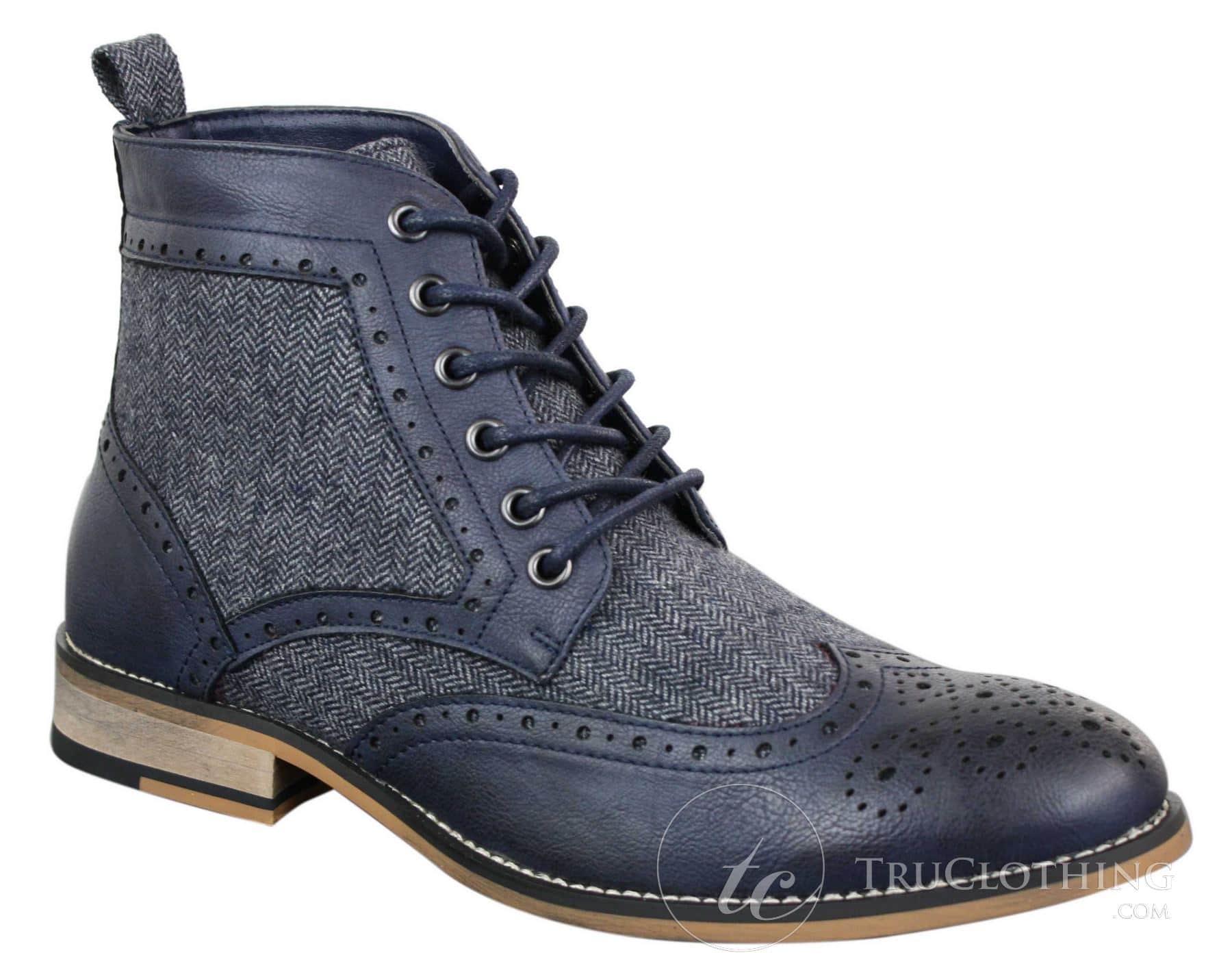 Cavani Sherlock - Botines de hombre de piel y tweed con estampado de espiga.