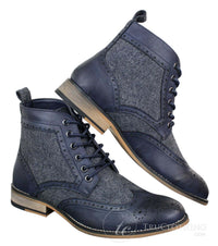 Cavani Sherlock - Botines de hombre de piel y tweed con estampado de espiga.