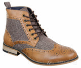 Cavani Sherlock - Botines de hombre de piel y tweed con estampado de espiga.