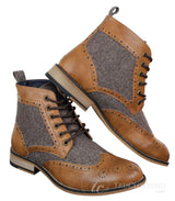 Cavani Sherlock - Botines de hombre de piel y tweed con estampado de espiga.