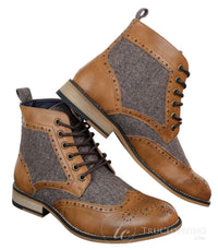 Cavani Sherlock - Botines de hombre de piel y tweed con estampado de espiga.