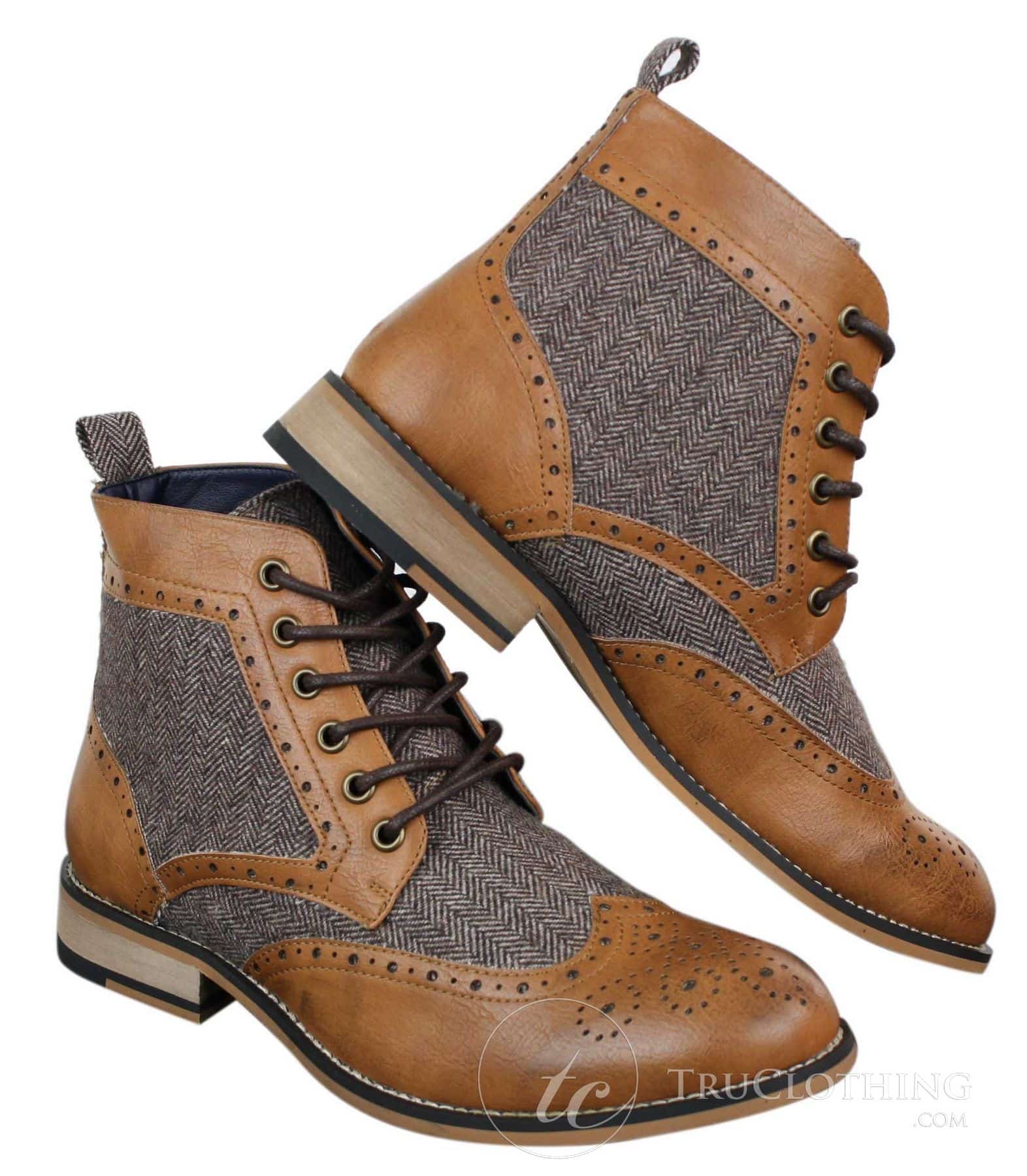 Cavani Sherlock - Botines de hombre de piel y tweed con estampado de espiga.
