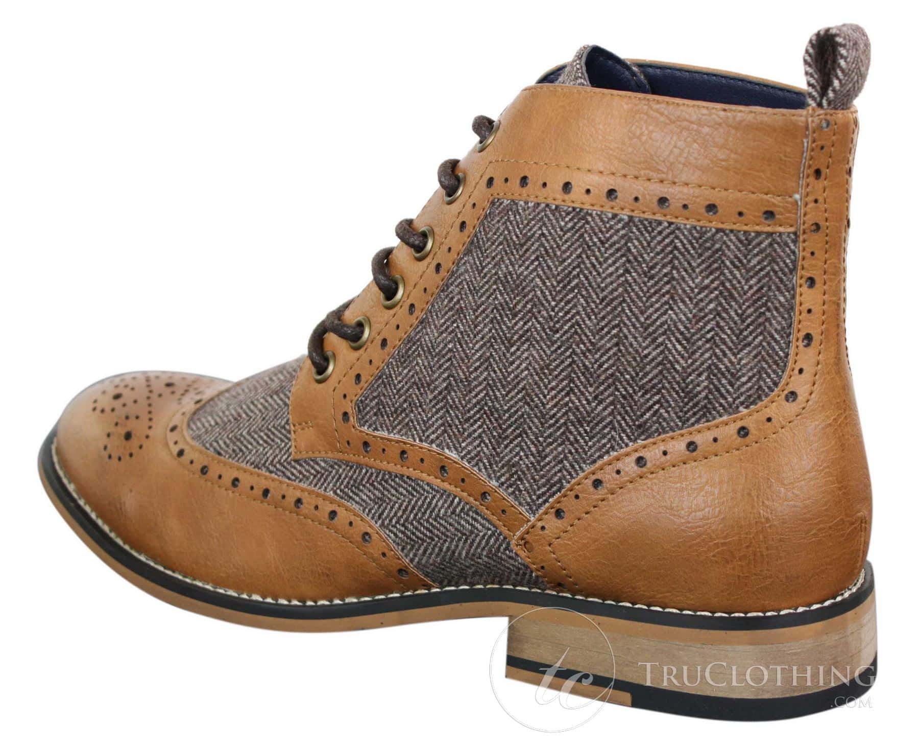 Cavani Sherlock - Botines de hombre de piel y tweed con estampado de espiga.