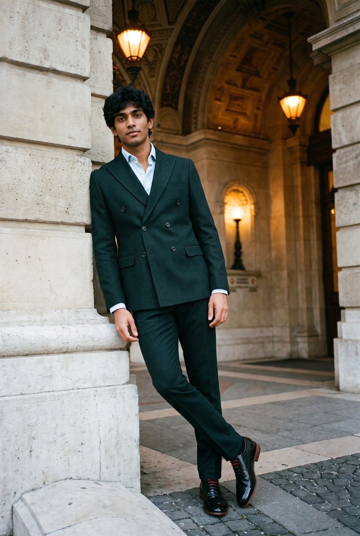Look #588 styled with Regent - Traje cruzado de dos piezas verde para hombre
