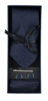 Conjunto de regalo de corbata azul marino con estampado paisley, pañuelo de bolsillo, gemelos y corbata de satén floral.